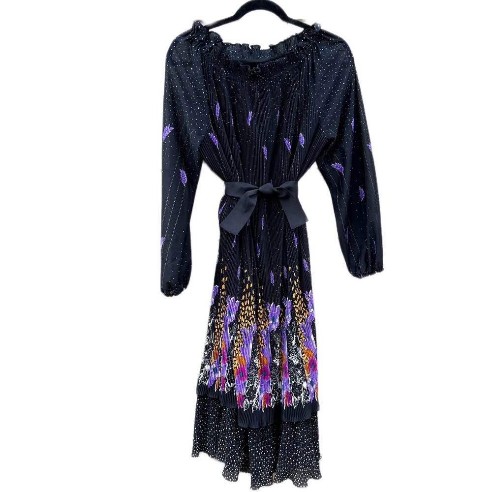 Vintage 70s Off Shoulder Boho Gypsy Midi Dress with Bell Sleeves